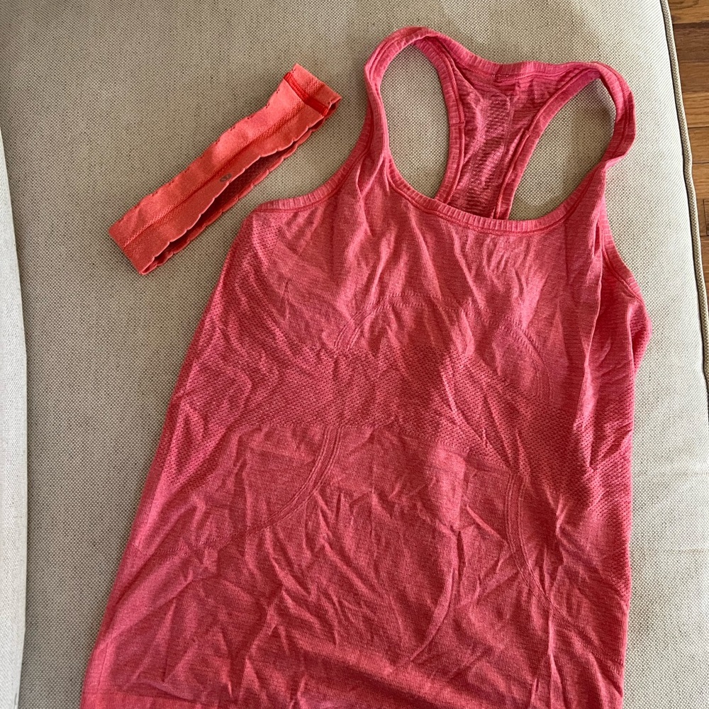 Lululemon Racerback Tank (Size 8) + Headband, Pink/Coral